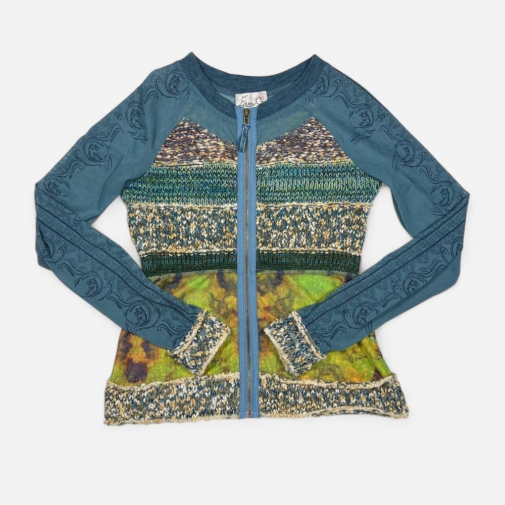 Emma G Fairy Zip Up Sweater Watercolor Print Mesh Sleeves